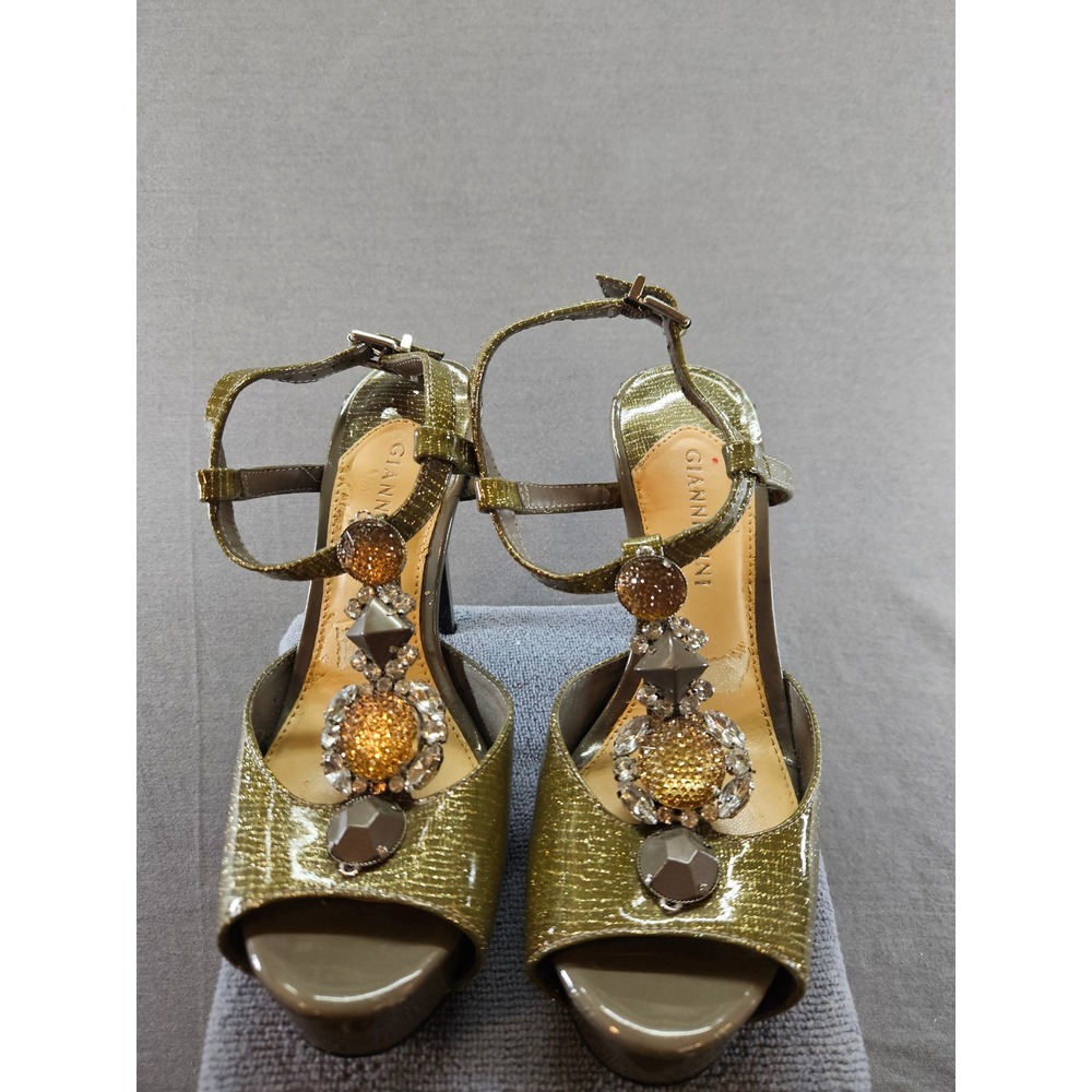 Gianni Bini Olive Green Metallic Crystal Embellished Platform Heels Size 6M
